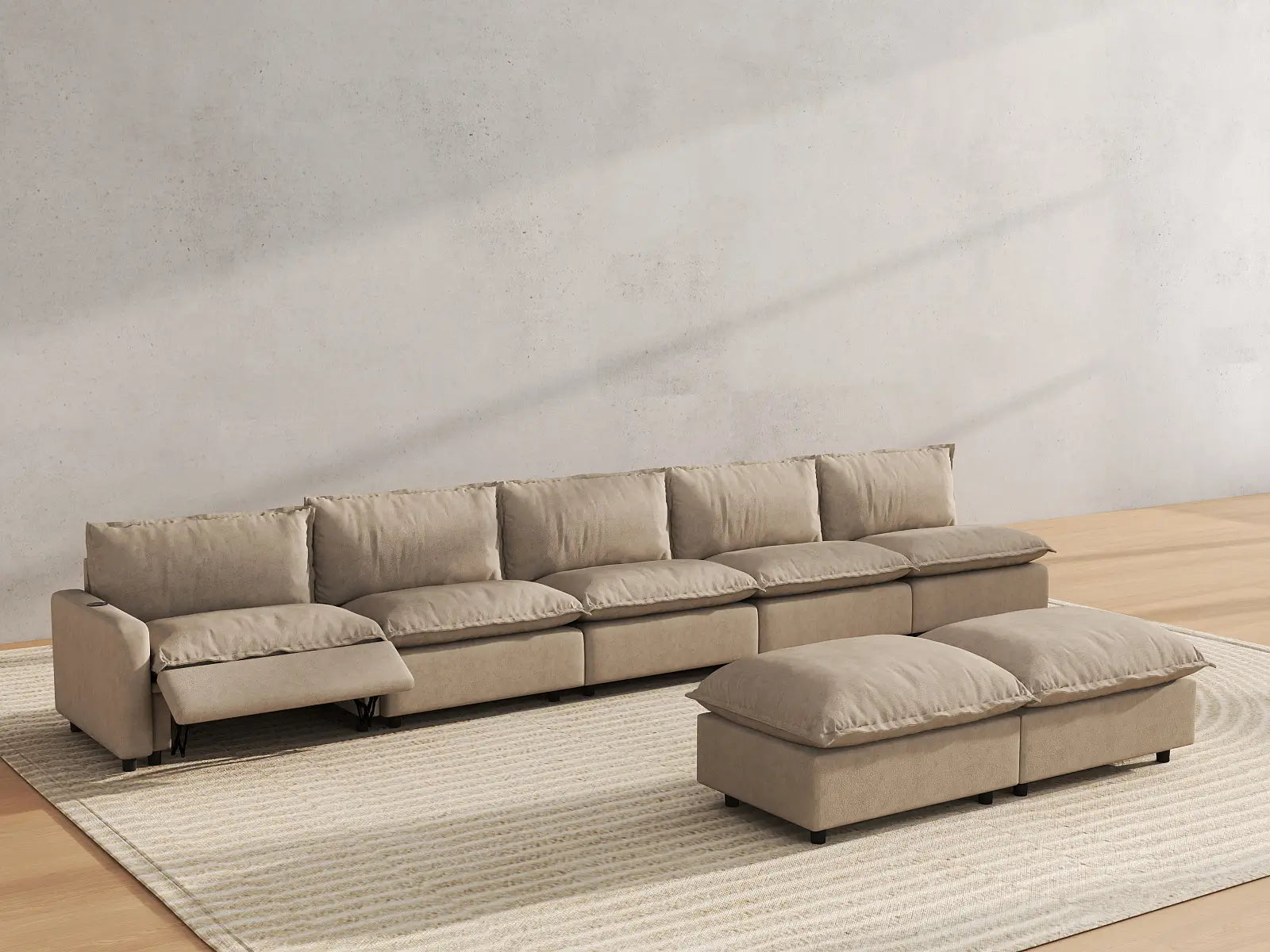 7 Piece Khaki Linen Sleek Modern Look Sofa Sets 5 Seater with 2 Ottomans 6