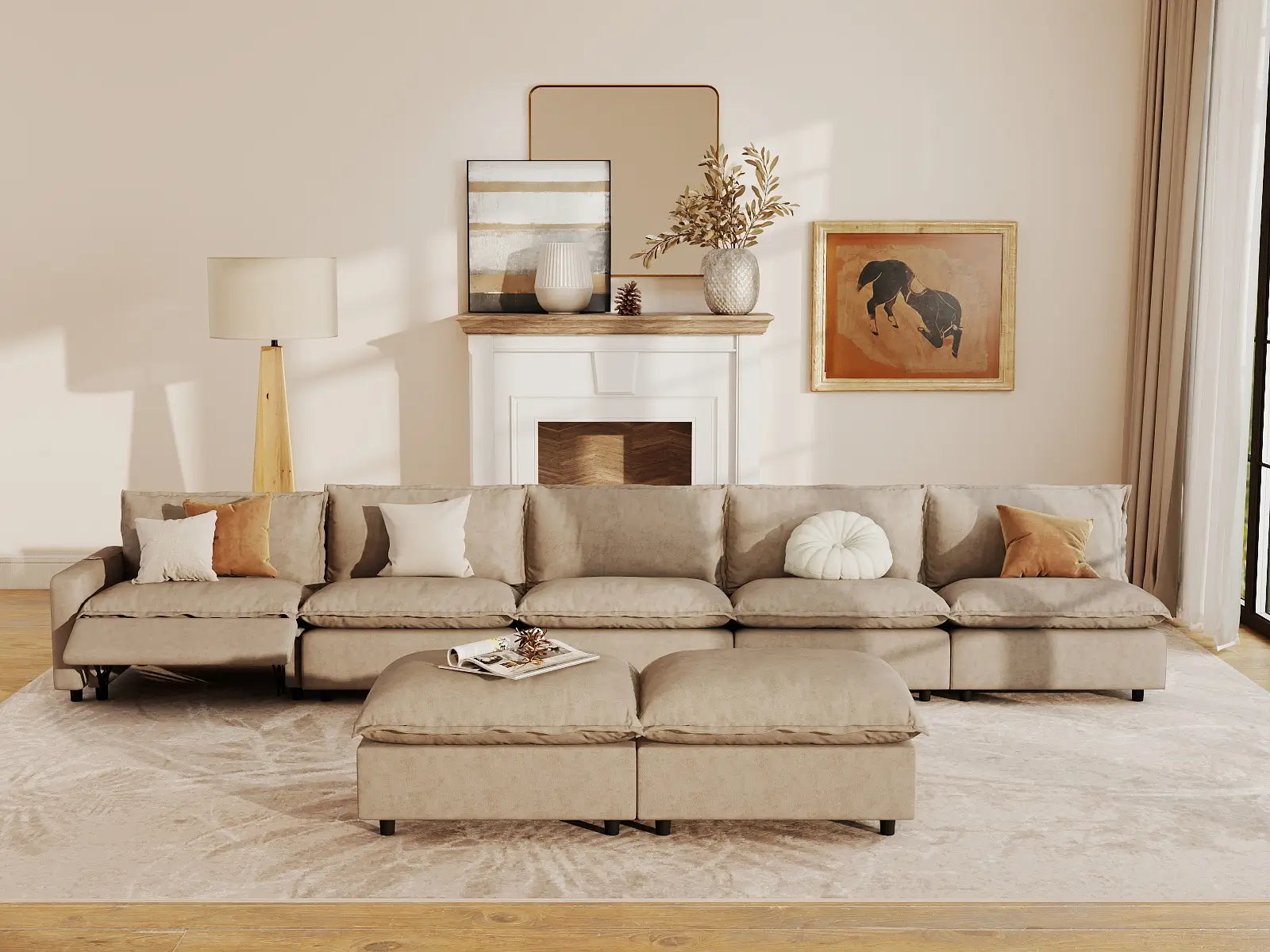 7 Piece Khaki Linen Sleek Modern Look Sofa Sets 5 Seater with 2 Ottomans 7