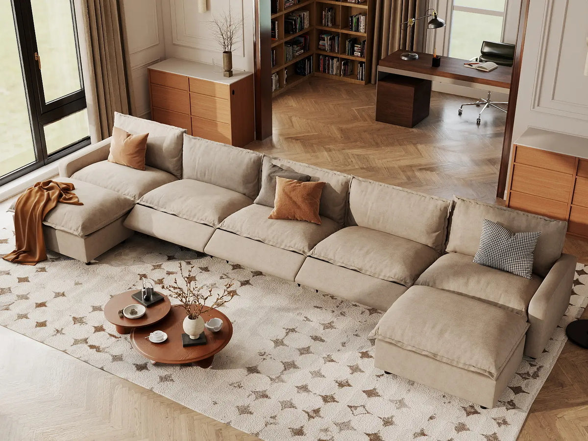 7 Piece Khaki Linen Work Or Nap U Shaped Sectionals 5 Seater with 2 Ottomans 1