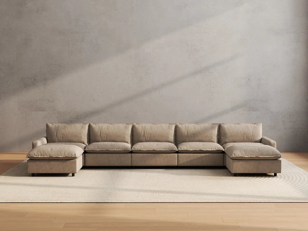 7 Piece Khaki Linen Work Or Nap U Shaped Sectionals 5 Seater with 2 Ottomans 4