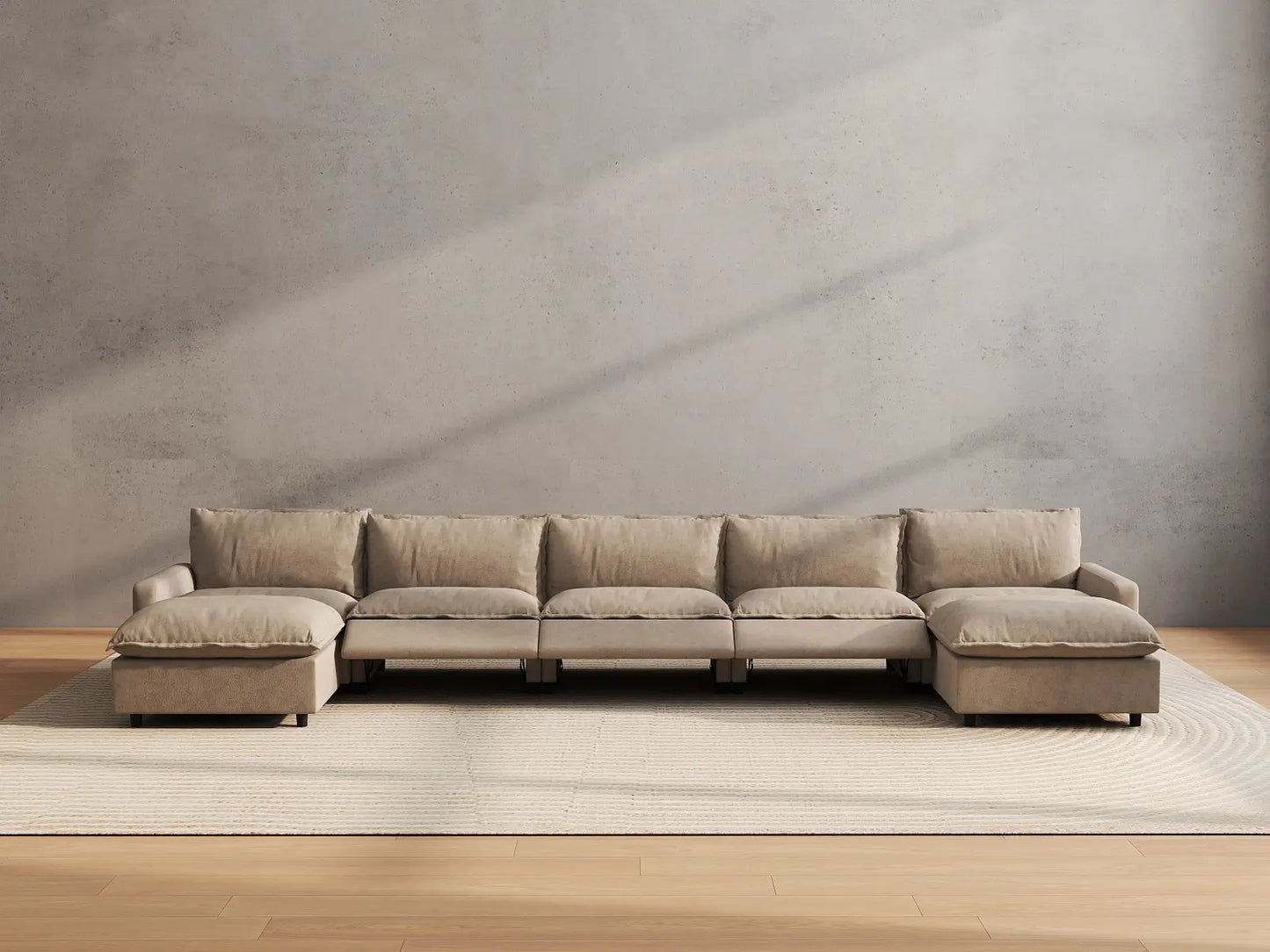 7 Piece Khaki Linen Work Or Nap U Shaped Sectionals 5 Seater with 2 Ottomans 5