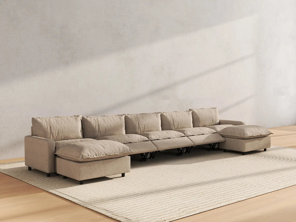 7 Piece Khaki Linen Work Or Nap U Shaped Sectionals 5 Seater with 2 Ottomans 6