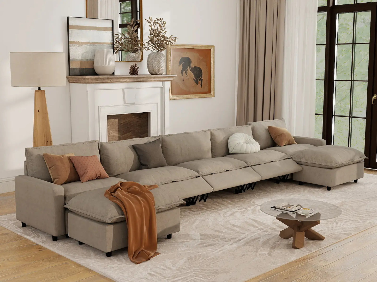 7 Piece Khaki Linen Work Or Nap U Shaped Sectionals 5 Seater with 2 Ottomans 7