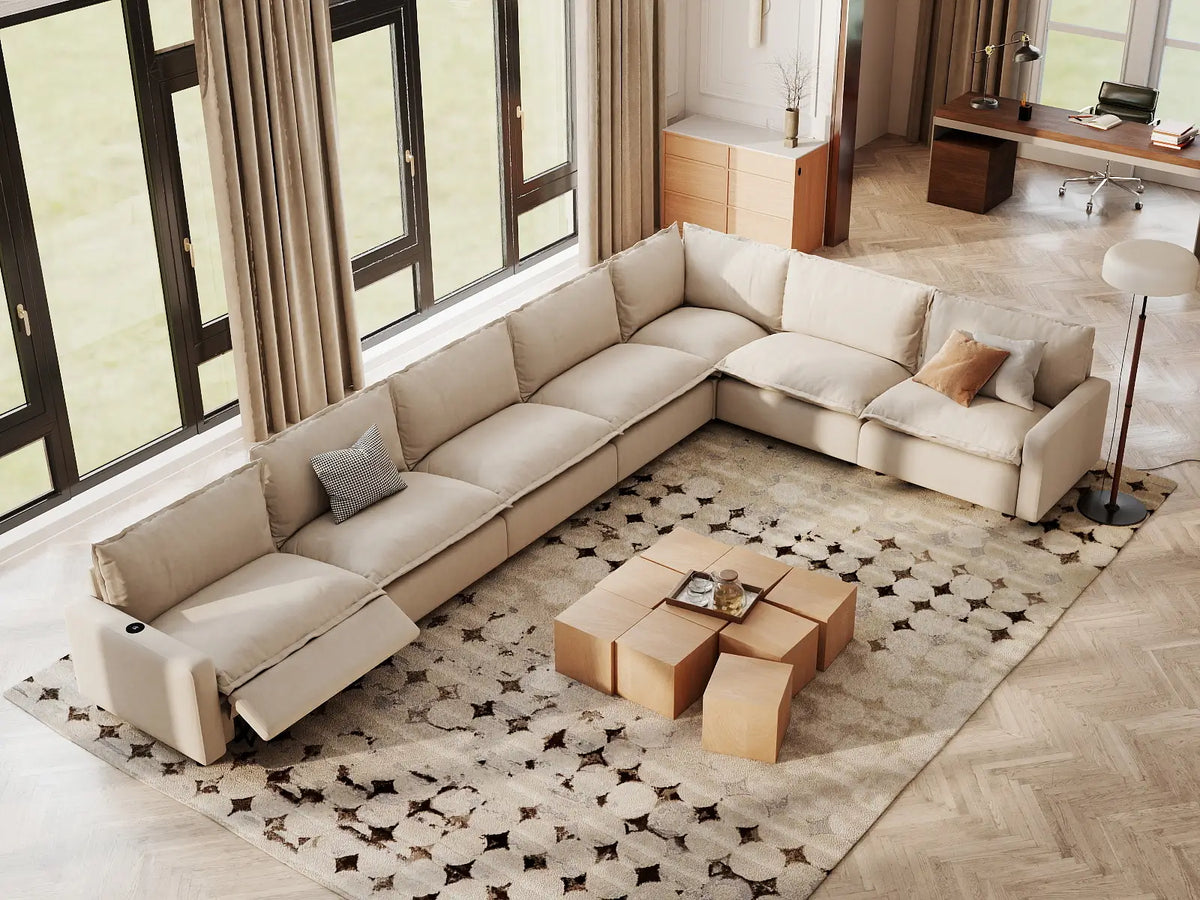 Modular Cero Reclining Sectionals | 7-Piece Beige Linen Grand Estate V-Shaped Sectionals 7-Seater