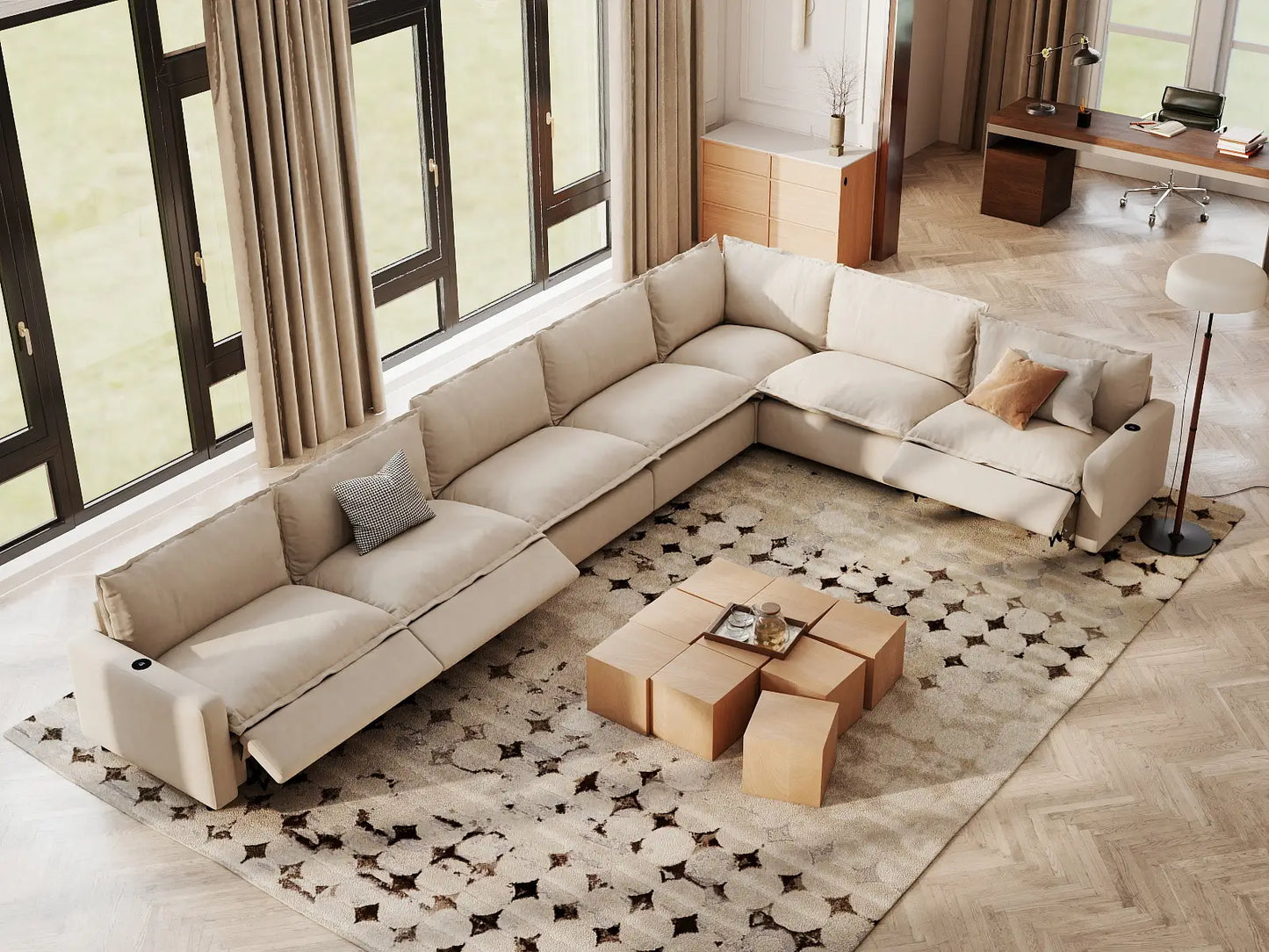 Modular Cero Modern Reclining Sectional | 7-Piece Beige Linen Grand Estate V-Shaped Sectionals 7-Seater