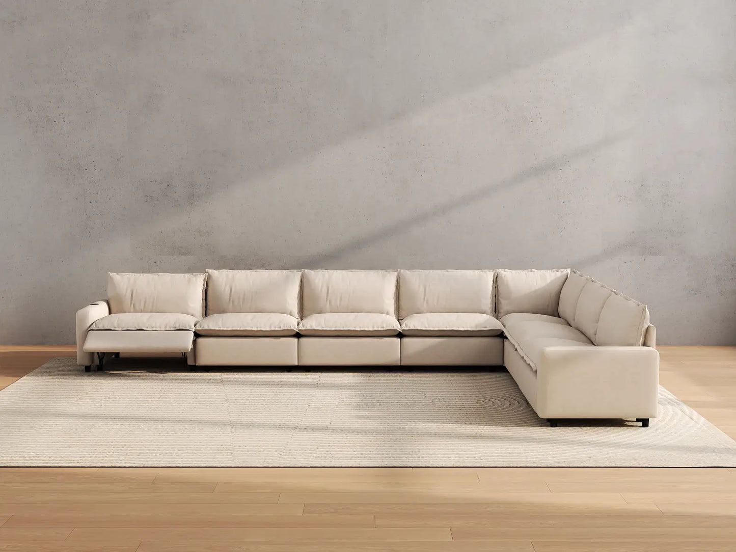 Modular Cero Reclining Sectionals | 7-Piece Beige Linen Grand Estate V-Shaped Sectionals 7-Seater