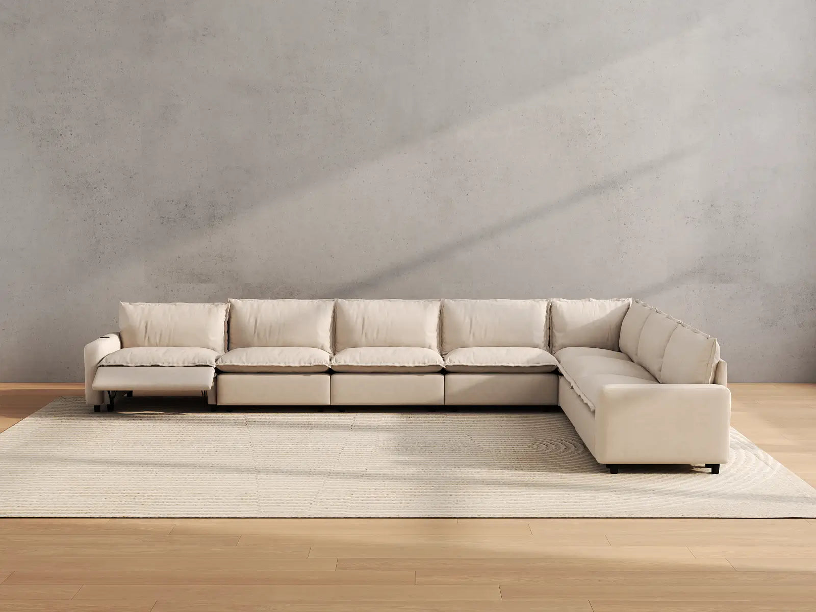 Modular Cero Electric Reclining Sectional | 7-Piece Beige Linen Grand Estate V-Shaped Sectionals 7-Seater
