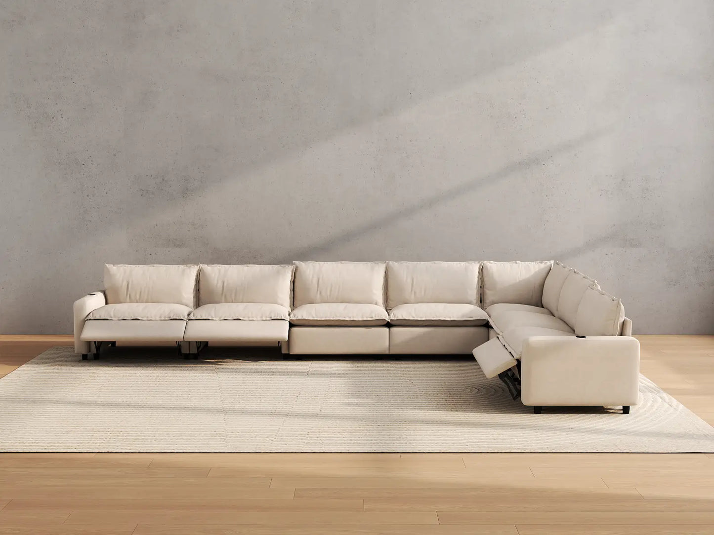 Modular Cero Modern Reclining Sectional | 7-Piece Beige Linen Grand Estate V-Shaped Sectionals 7-Seater