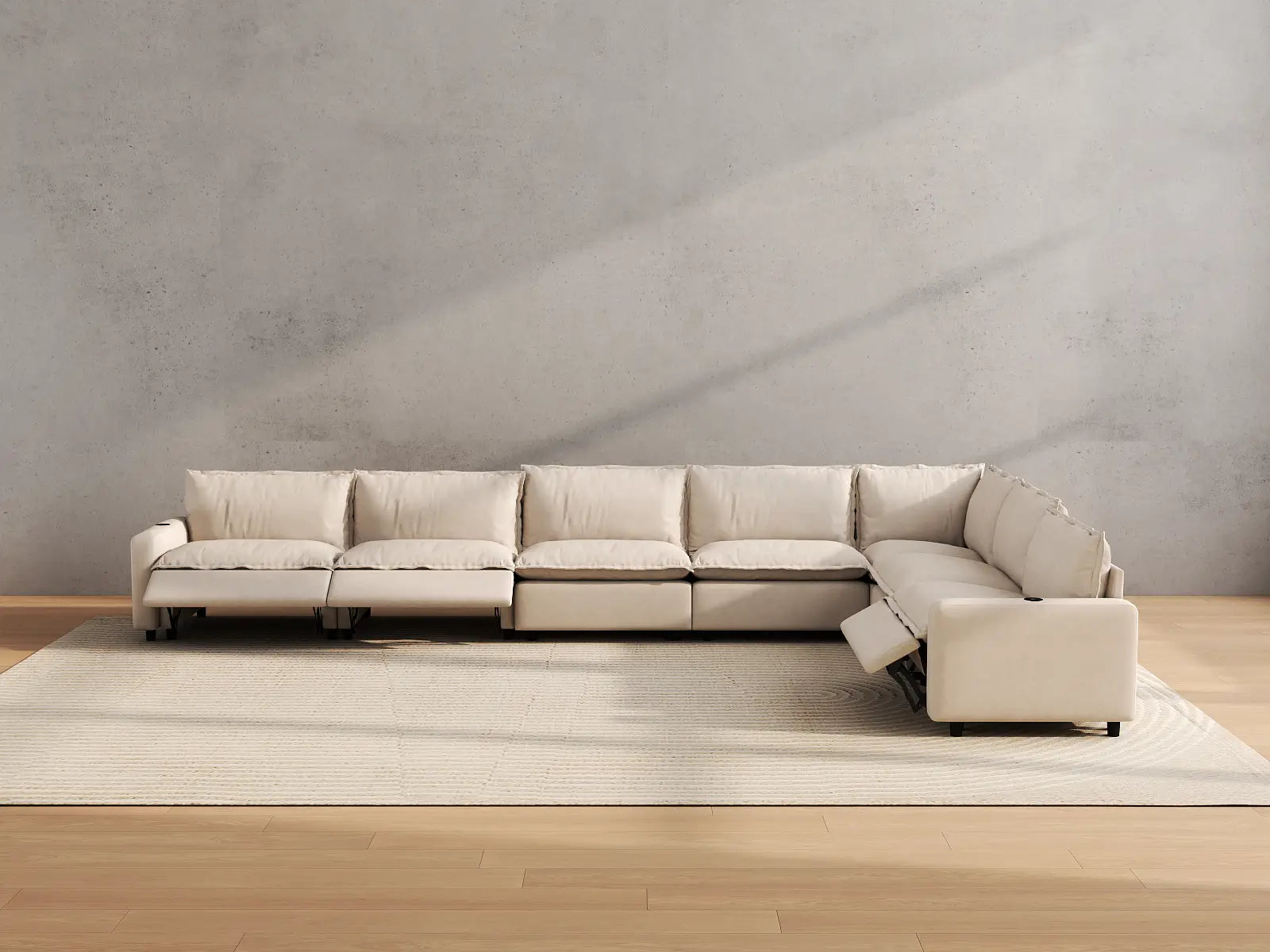 Modular Cero Modern Reclining Sectional | 7-Piece Beige Linen Grand Estate V-Shaped Sectionals 7-Seater