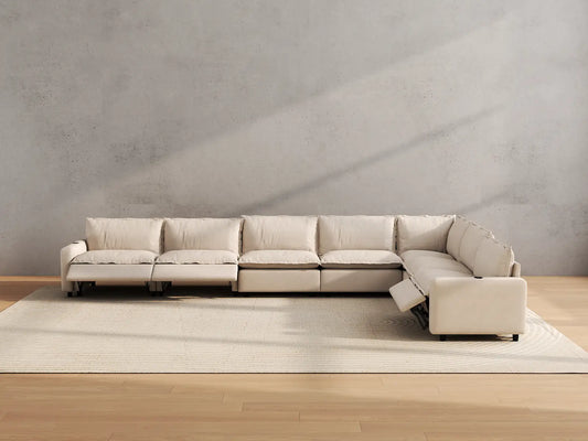 Modular Cero Reclining Sectionals | 7-Piece Beige Linen Grand Estate V-Shaped Sectionals 7-Seater