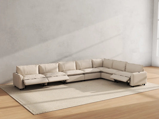 Modular Cero Reclining Sectionals | 7-Piece Beige Linen Grand Estate V-Shaped Sectionals 7-Seater