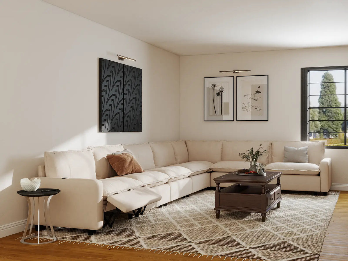 Modular Cero Reclining Sectionals | 7-Piece Beige Linen Grand Estate V-Shaped Sectionals 7-Seater