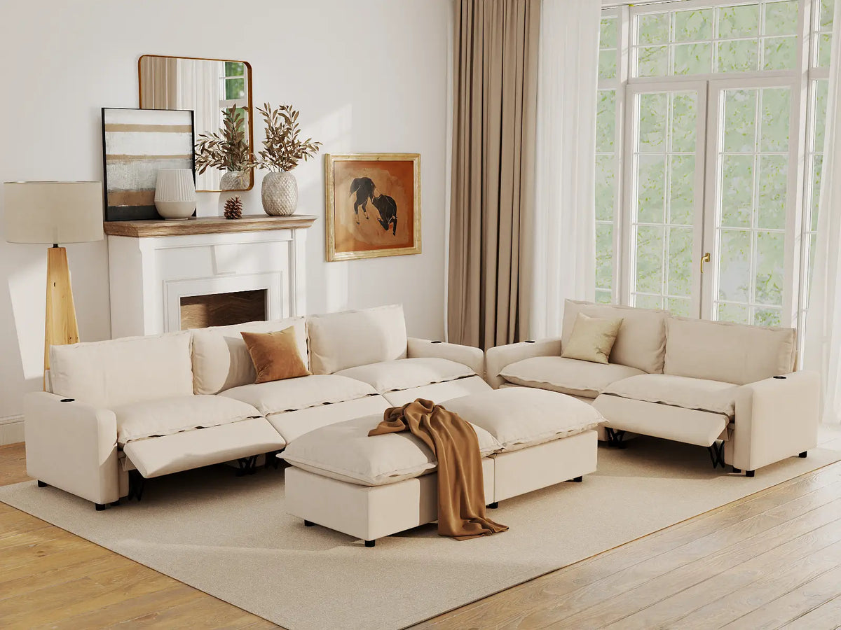 Modular Cero Reclining Sectionals | 7-Piece Beige Linen Large Space Sofa Sets 5-Seater with 2-Ottomans