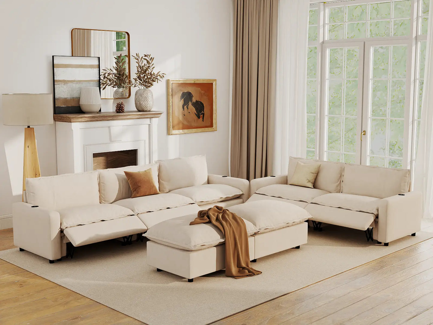 Modular Cero Reclining Sectionals | 7-Piece Beige Linen Large Space Sofa Sets 5-Seater with 2-Ottomans