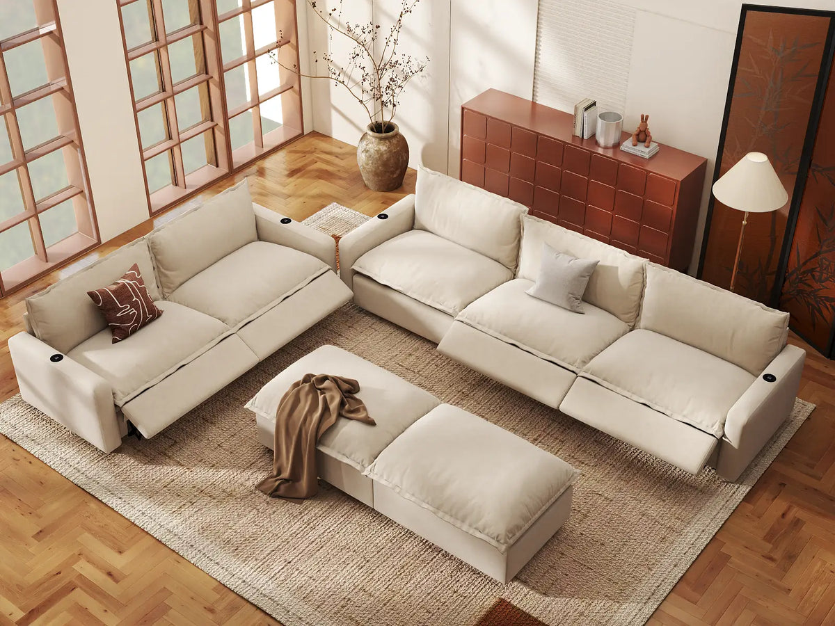 Modular Cero Reclining Sectionals | 7-Piece Beige Linen Large Space Sofa Sets 5-Seater with 2-Ottomans