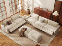 Modular Cero Reclining Sectionals | 7-Piece Beige Linen Large Space Sofa Sets 5-Seater with 2-Ottomans