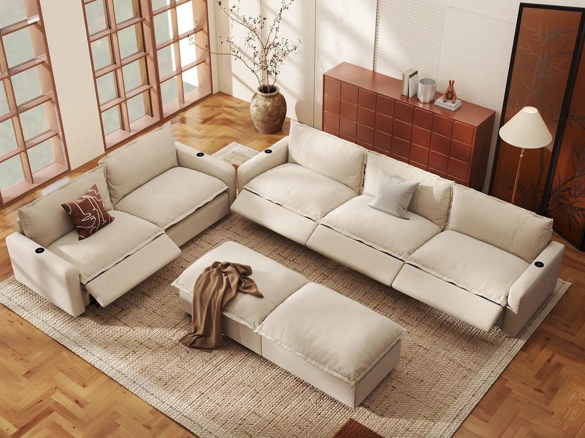 Modular Cero Reclining Sectionals | 7-Piece Beige Linen Large Space Sofa Sets 5-Seater with 2-Ottomans