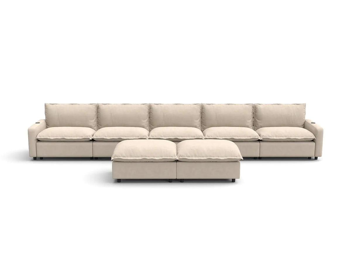 Modular Cero Reclining Sectionals | 7-Piece Beige Linen Large Space Sofa Sets 5-Seater with 2-Ottomans