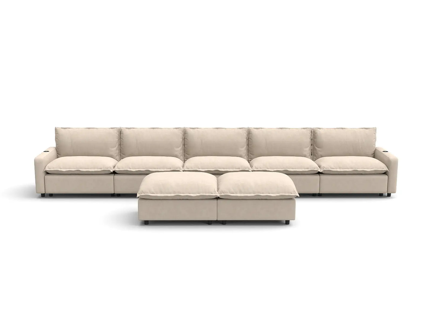 Modular Cero Reclining Sectionals | 7-Piece Beige Linen Large Space Sofa Sets 5-Seater with 2-Ottomans