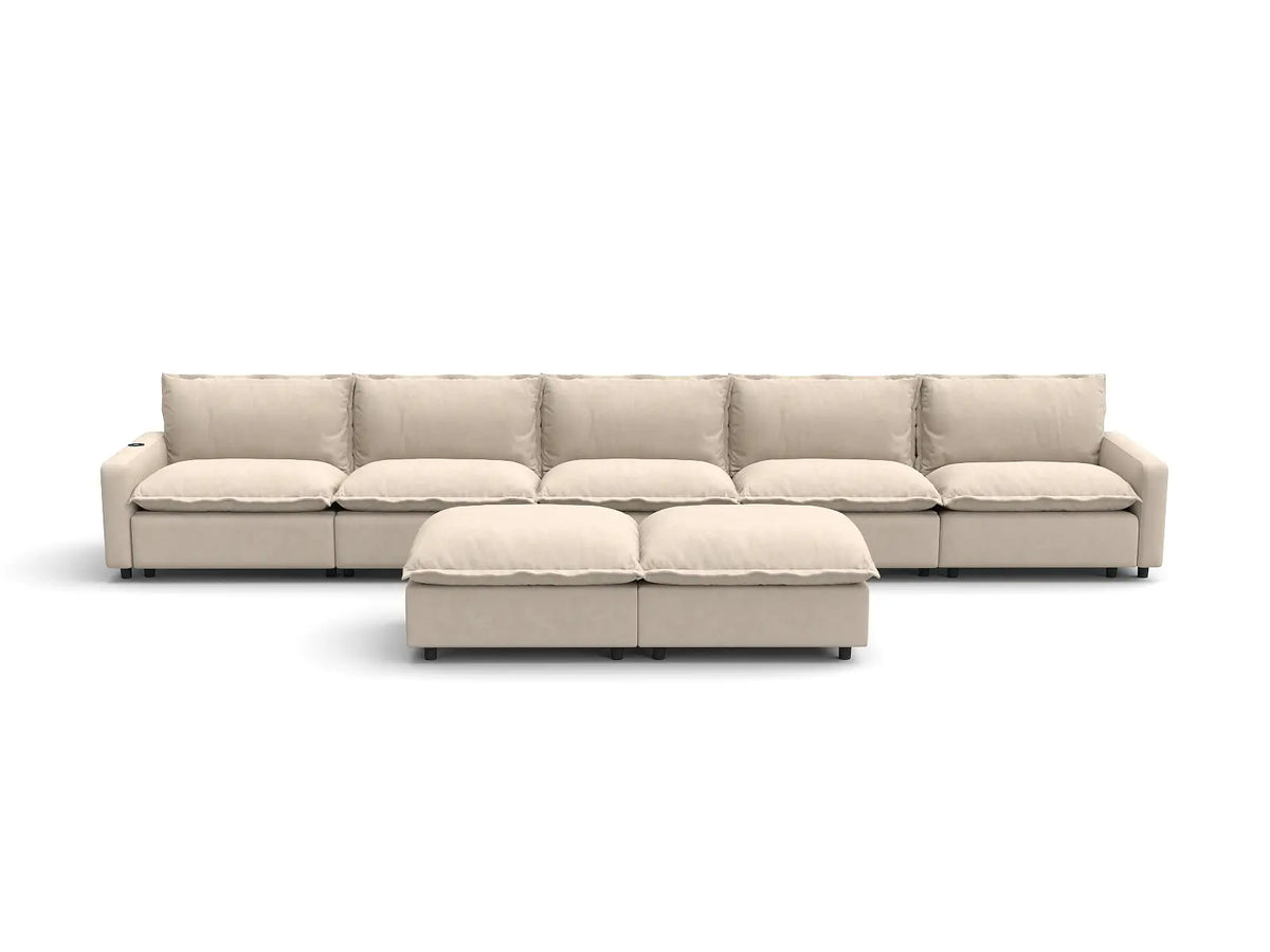 Modular Cero Reclining Sectionals | 7-Piece Beige Linen Large Space Sofa Sets 5-Seater with 2-Ottomans