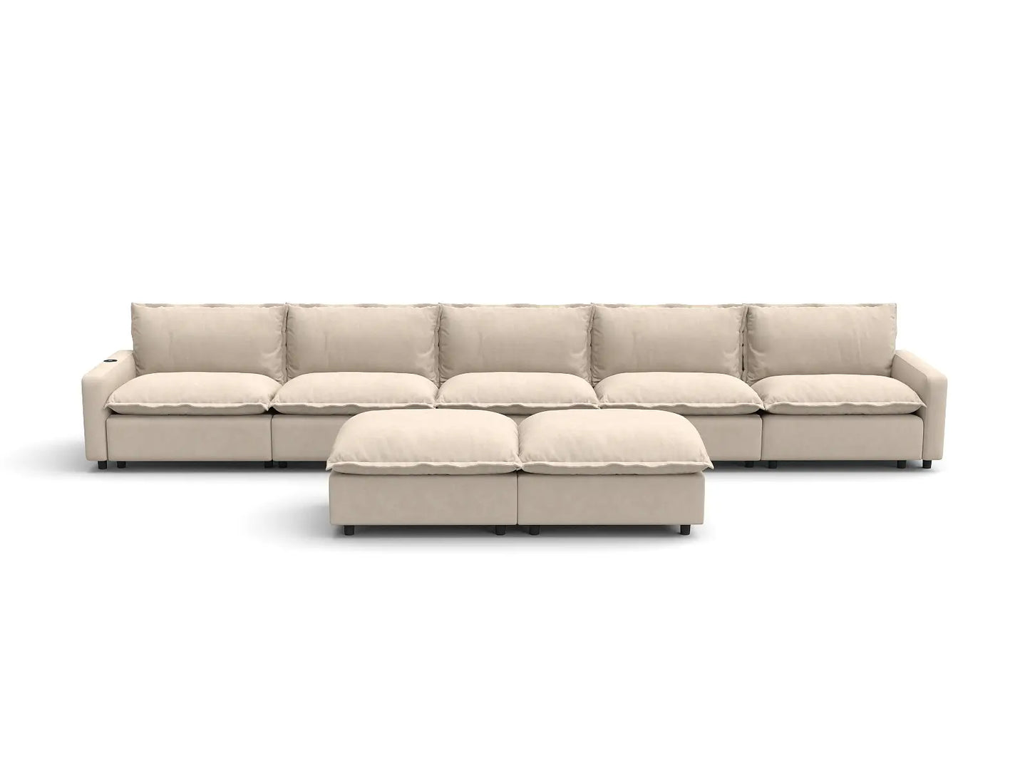 Modular Cero Reclining Sectionals | 7-Piece Beige Linen Large Space Sofa Sets 5-Seater with 2-Ottomans