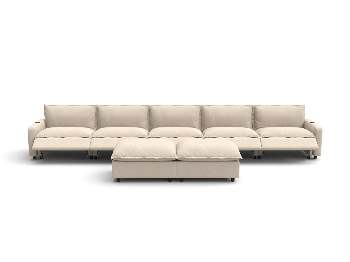 Modular Cero Reclining Sectionals | 7-Piece Beige Linen Large Space Sofa Sets 5-Seater with 2-Ottomans