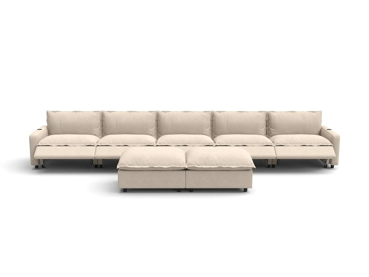 Modular Cero Reclining Sectionals | 7-Piece Beige Linen Large Space Sofa Sets 5-Seater with 2-Ottomans