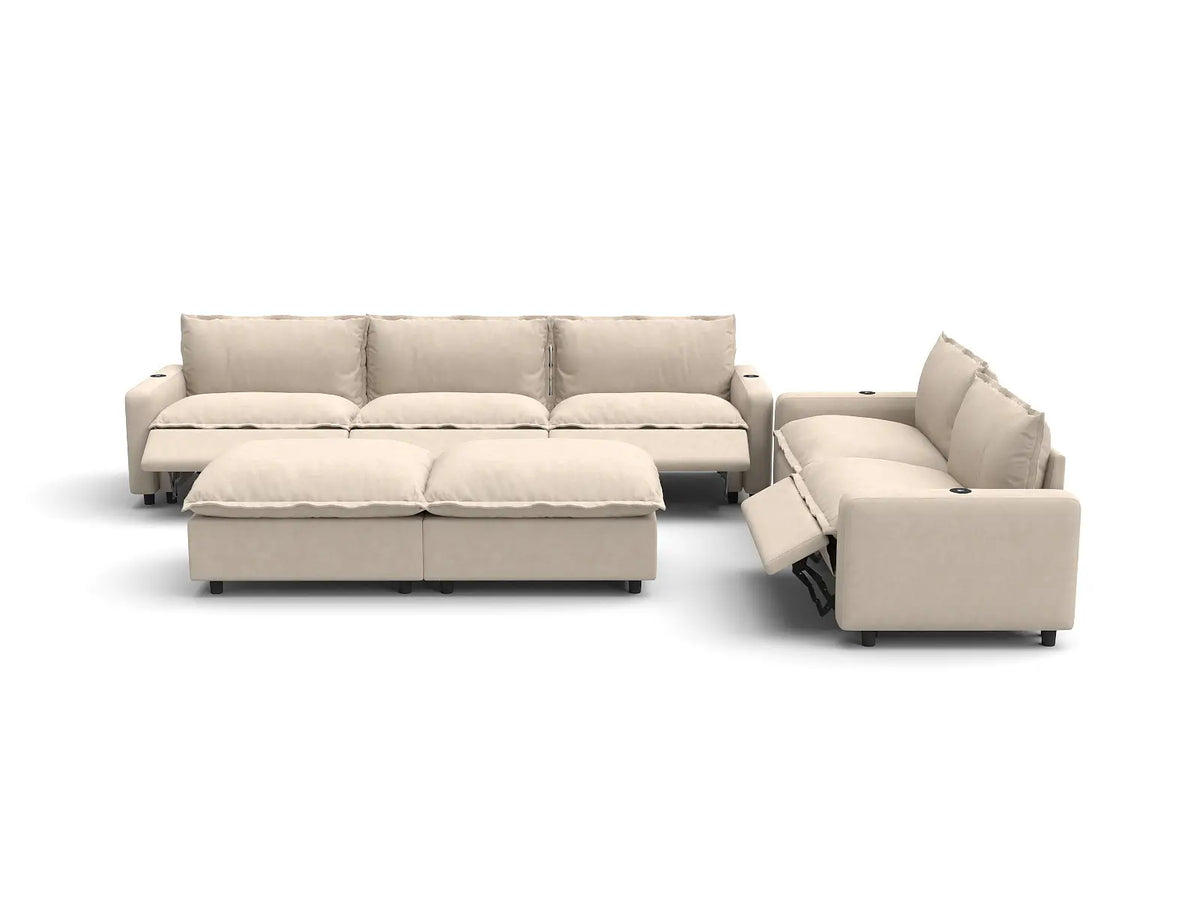 Modular Cero Reclining Sectionals | 7-Piece Beige Linen Large Space Sofa Sets 5-Seater with 2-Ottomans