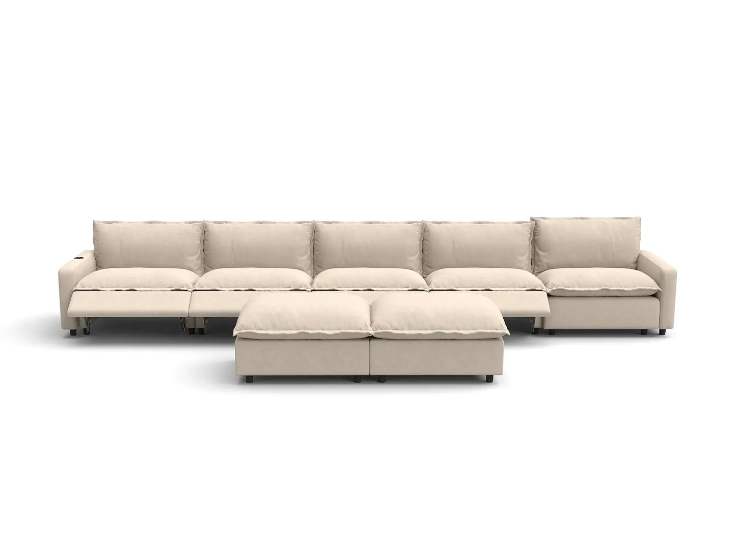 Modular Cero Reclining Sectionals | 7-Piece Beige Linen Large Space Sofa Sets 5-Seater with 2-Ottomans