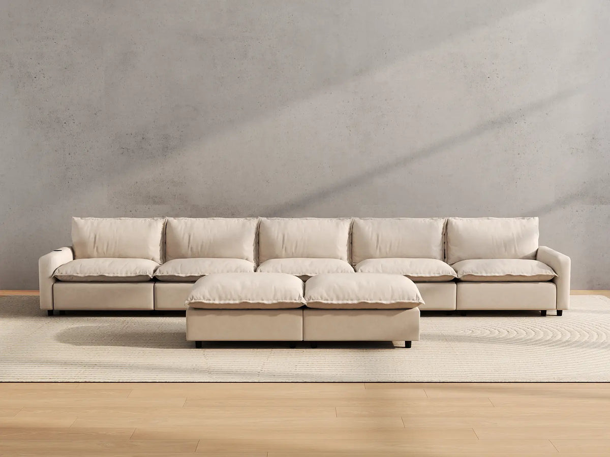 Modular Cero Reclining Sectionals | 7-Piece Beige Linen Large Space Sofa Sets 5-Seater with 2-Ottomans