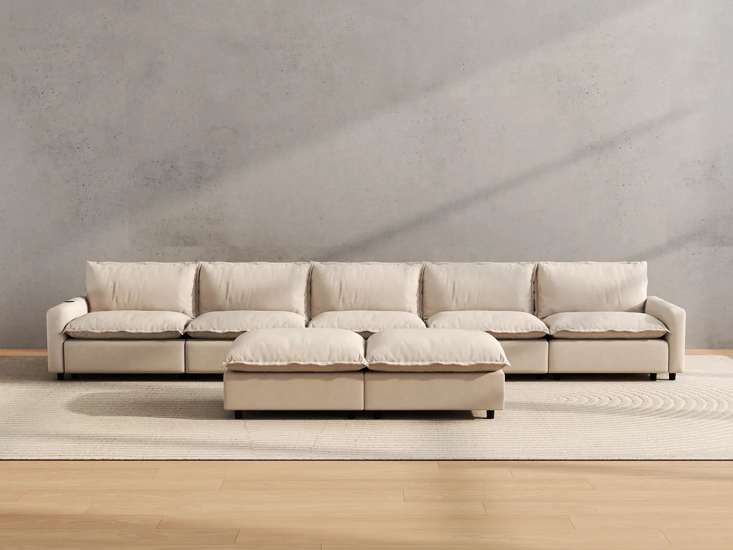 Modular Cero Reclining Sectionals | 7-Piece Beige Linen Large Space Sofa Sets 5-Seater with 2-Ottomans
