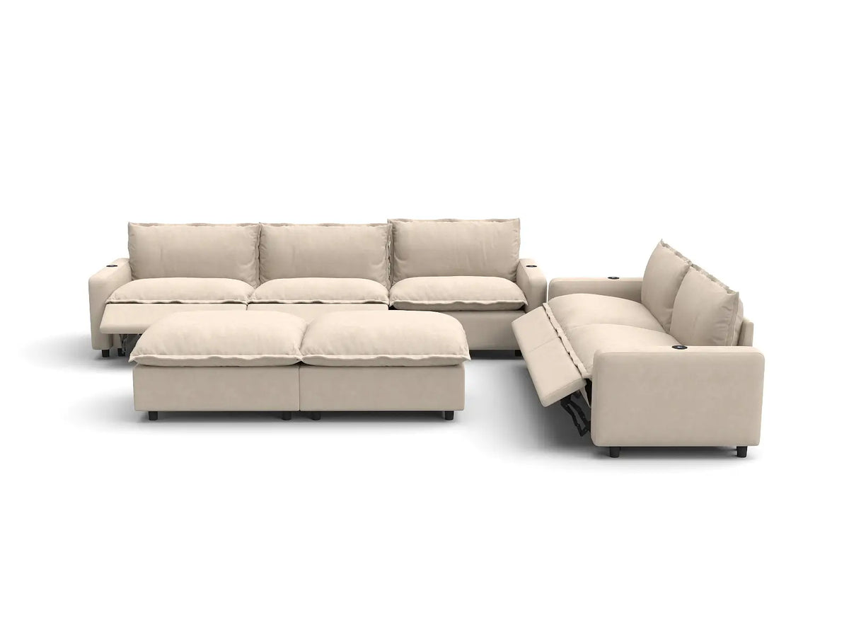 Modular Cero Reclining Sectionals | 7-Piece Beige Linen Large Space Sofa Sets 5-Seater with 2-Ottomans