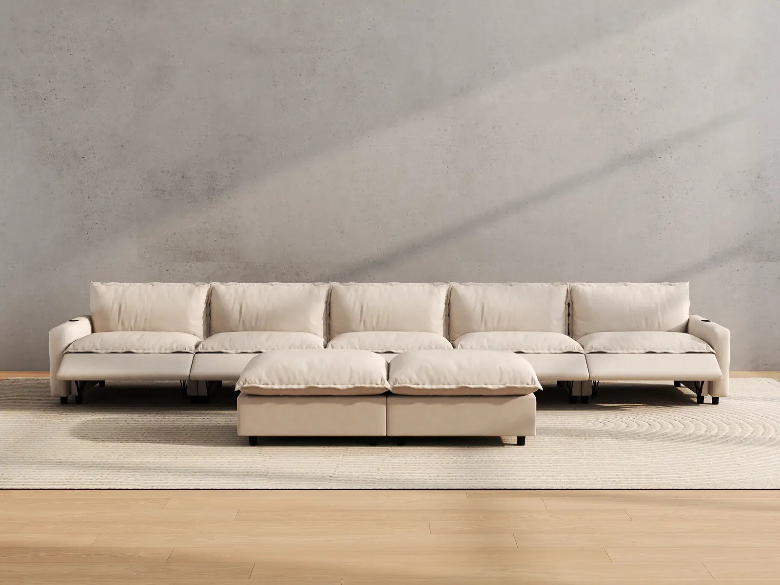Modular Cero Sofa Recliner Set | 7-Piece Beige Linen Large Space Sofa Sets 5-Seater with 2-Ottomans