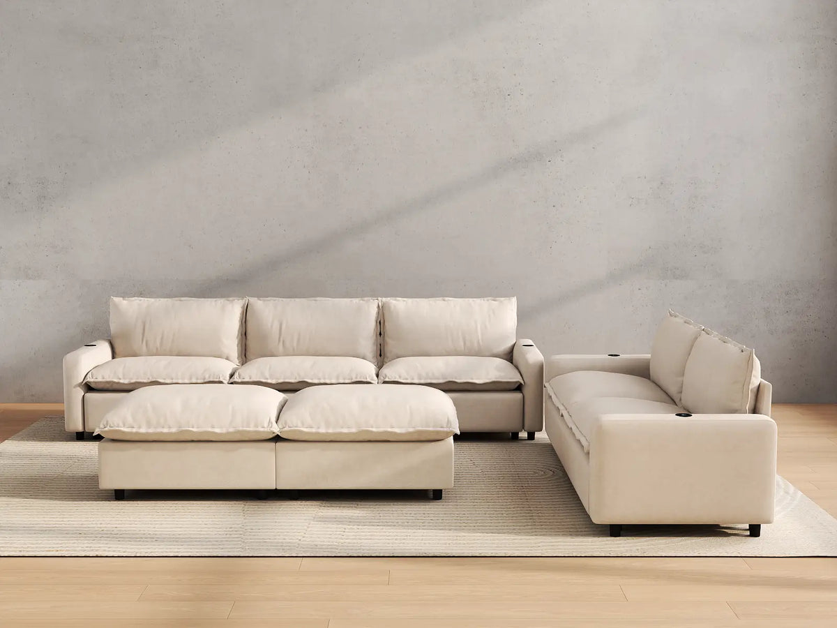 Modular Cero Reclining Sectionals | 7-Piece Beige Linen Large Space Sofa Sets 5-Seater with 2-Ottomans