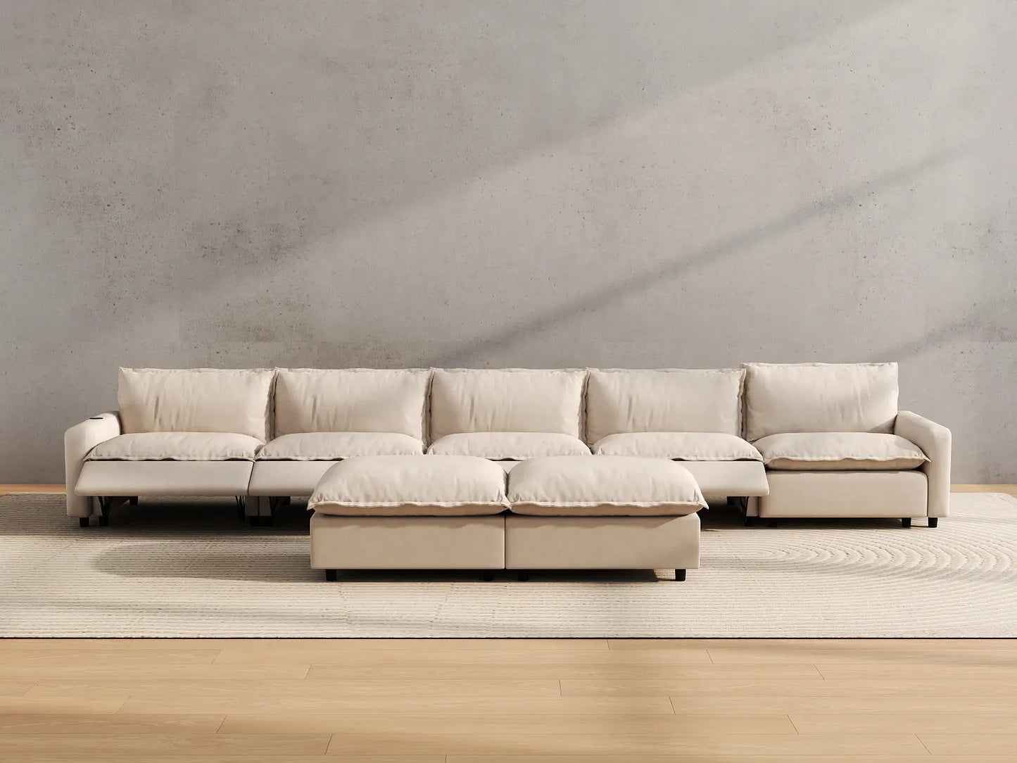 Modular Cero Reclining Sectionals | 7-Piece Beige Linen Large Space Sofa Sets 5-Seater with 2-Ottomans