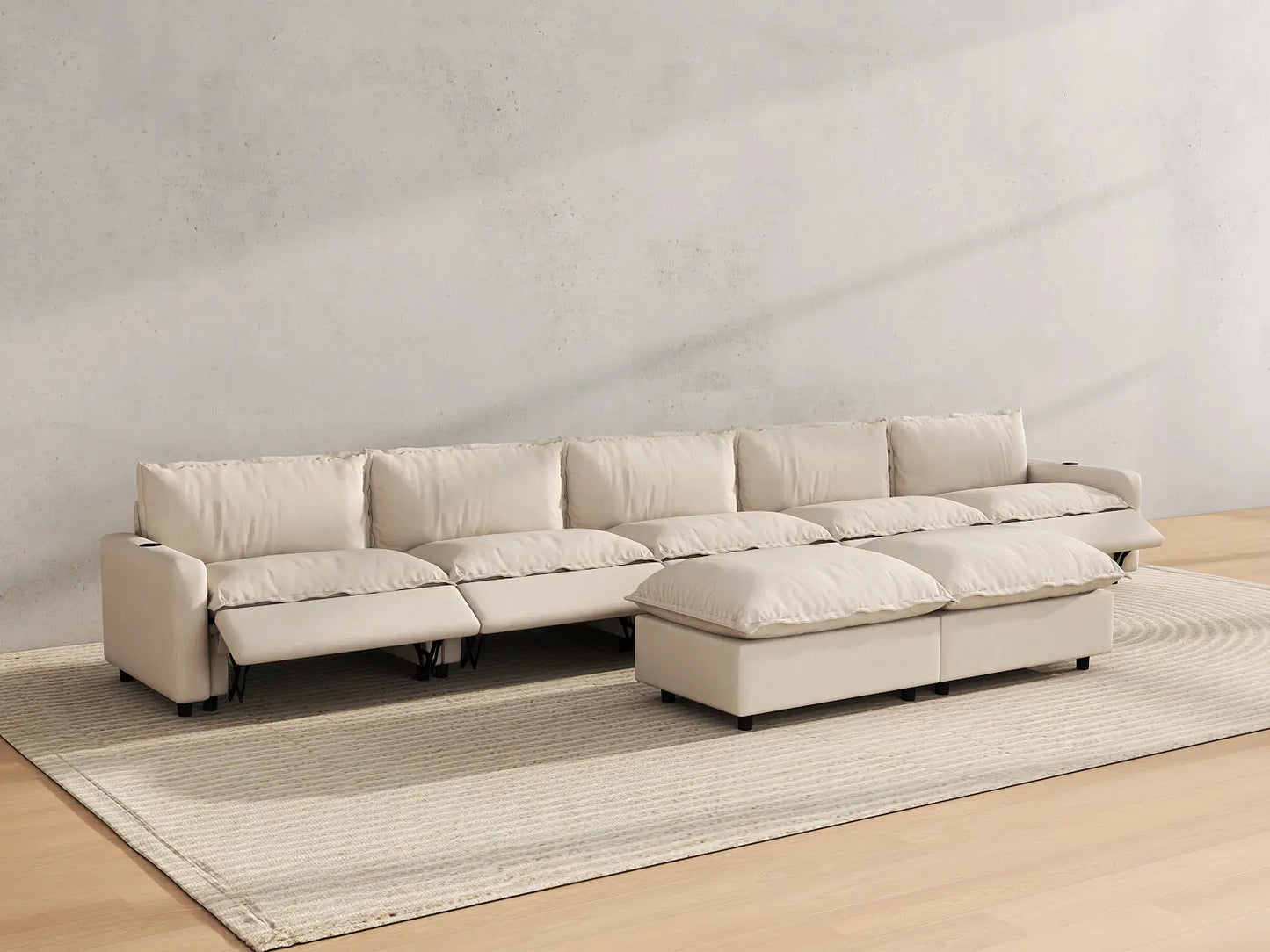 Modular Cero Reclining Sectionals | 7-Piece Beige Linen Large Space Sofa Sets 5-Seater with 2-Ottomans