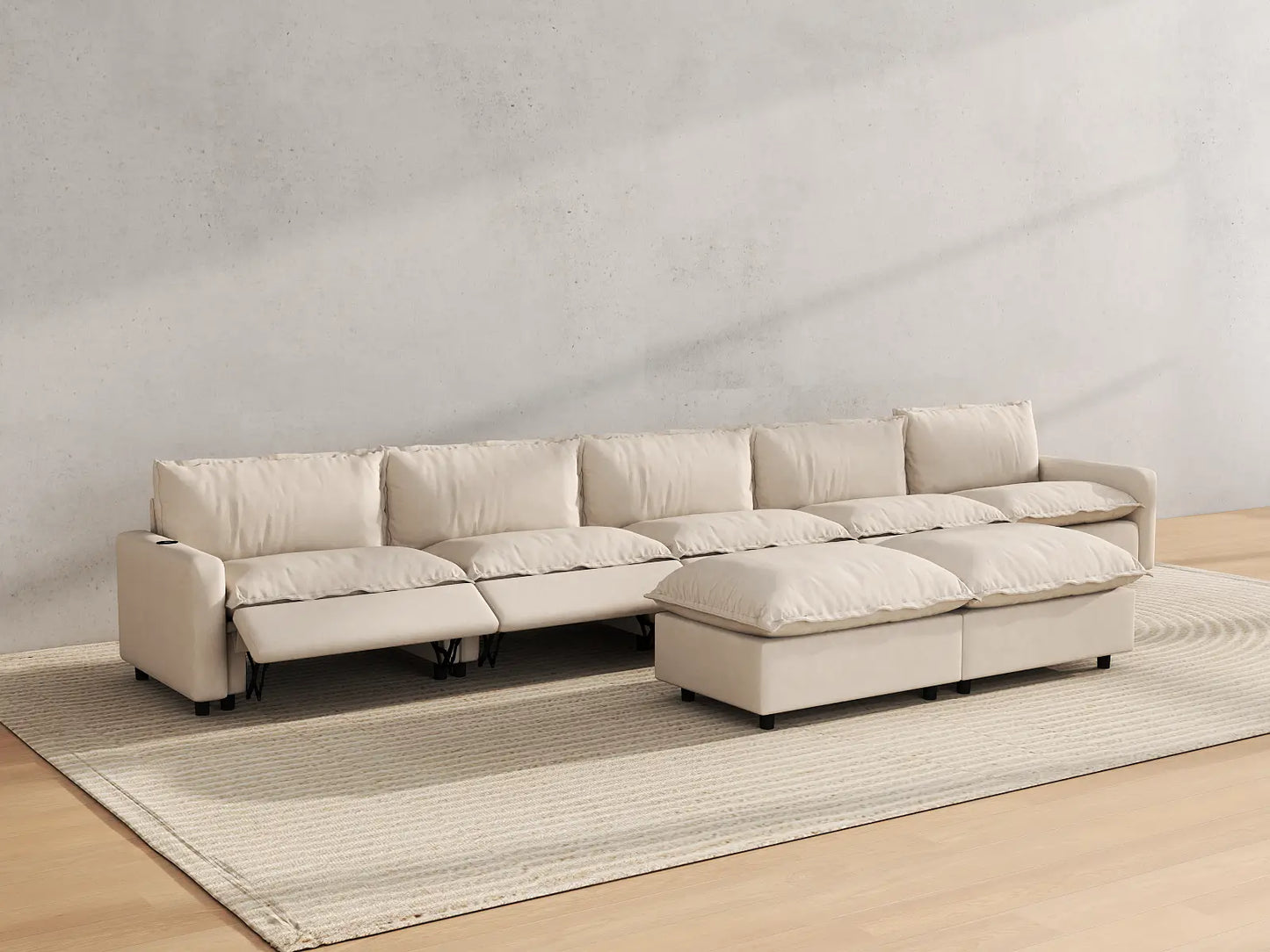 Modular Cero Reclining Sectionals | 7-Piece Beige Linen Large Space Sofa Sets 5-Seater with 2-Ottomans