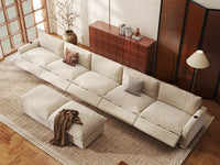 Modular Cero Reclining Sectionals | 7-Piece Beige Linen Large Space Sofa Sets 5-Seater with 2-Ottomans