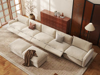 Modular Cero Reclining Sectionals | 7-Piece Beige Linen Large Space Sofa Sets 5-Seater with 2-Ottomans
