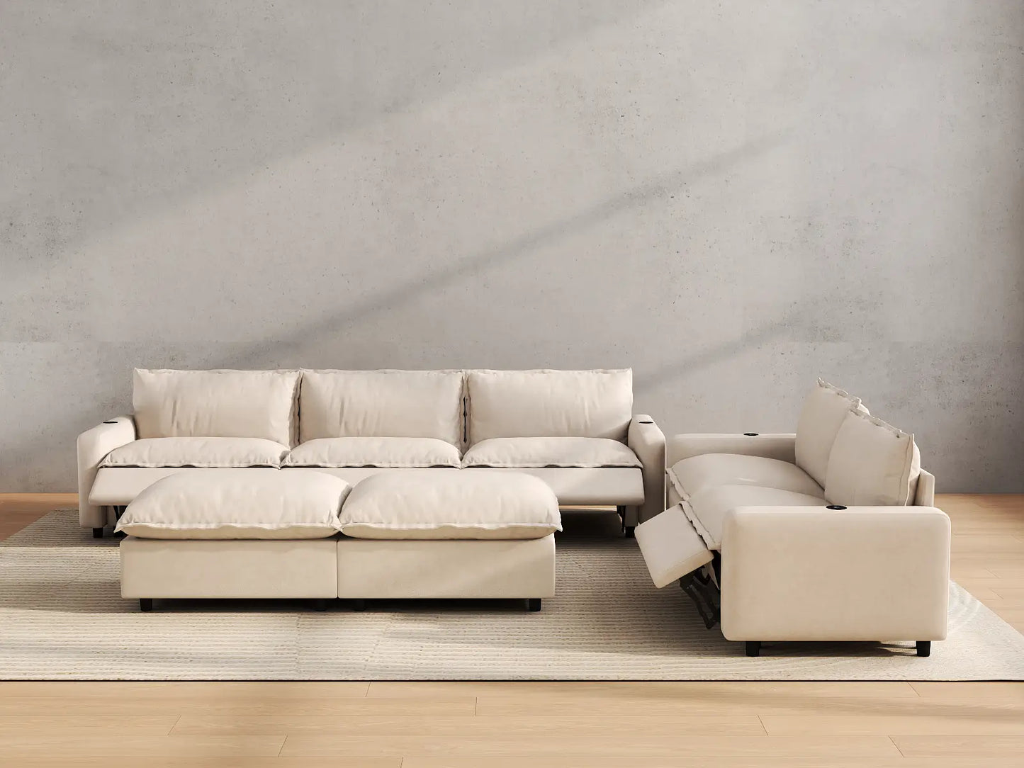 Modular Cero Reclining Sectionals | 7-Piece Beige Linen Large Space Sofa Sets 5-Seater with 2-Ottomans