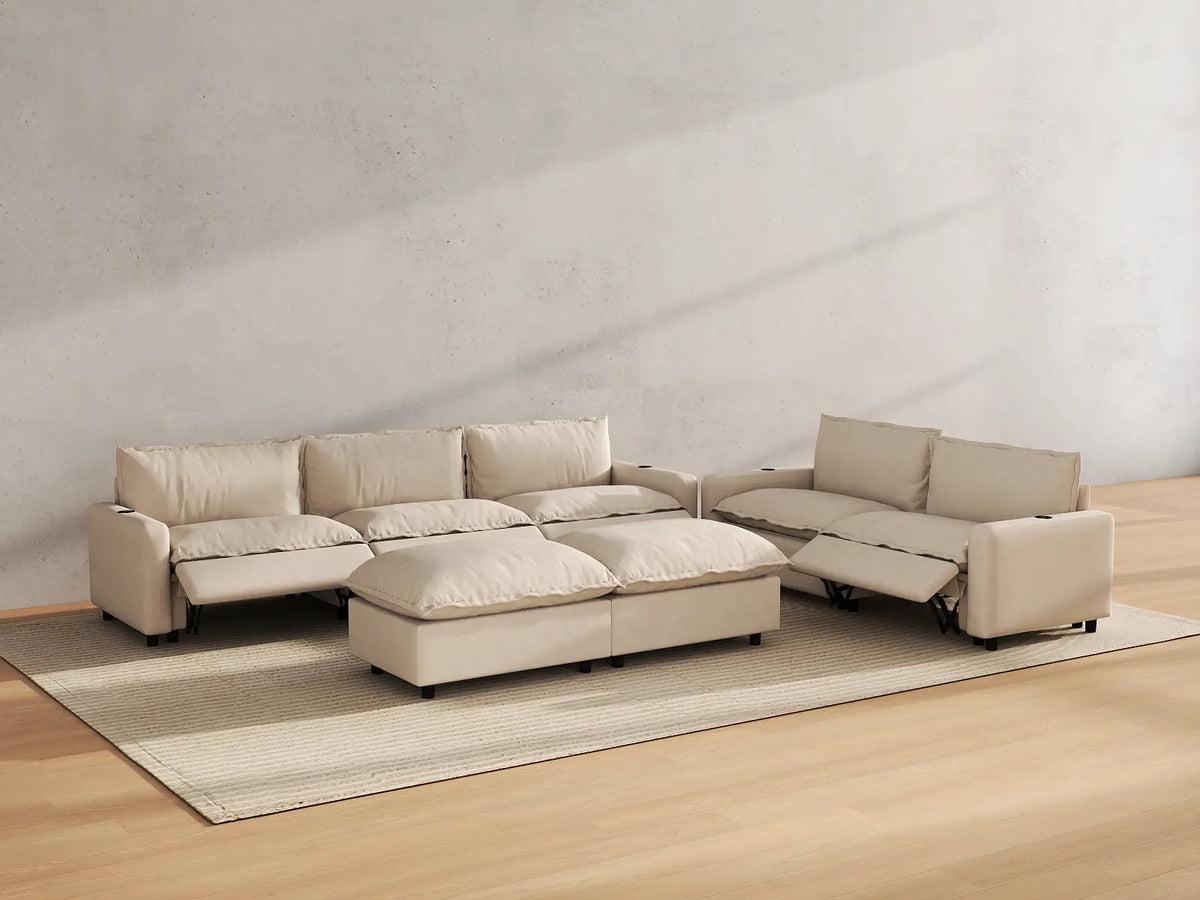 Modular Cero Reclining Sectionals | 7-Piece Beige Linen Large Space Sofa Sets 5-Seater with 2-Ottomans