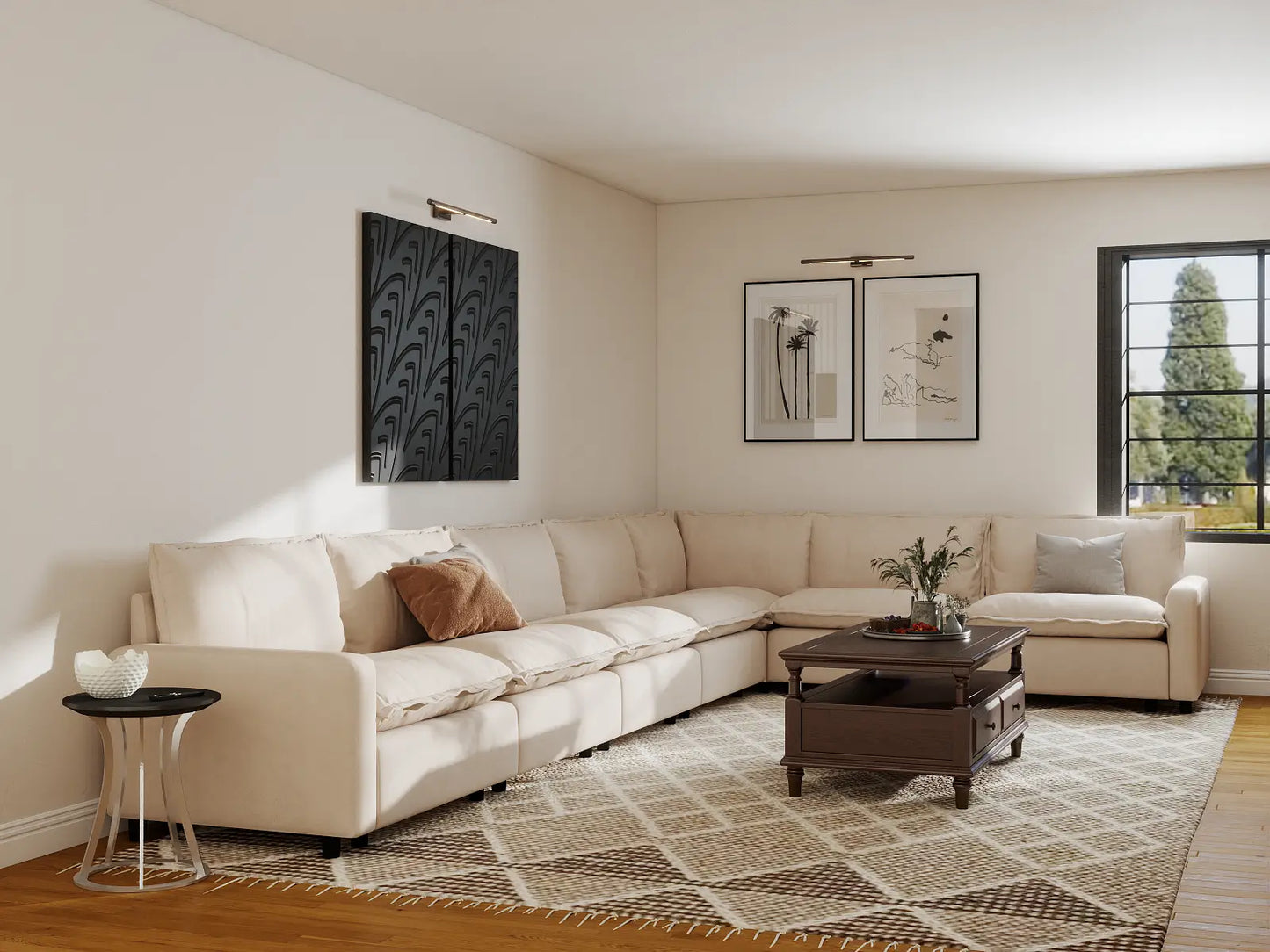 Modular Cero Modular Sectional Furniture | 7-Piece Beige Linen Large Space V-Shaped Sectionals 7-Seater