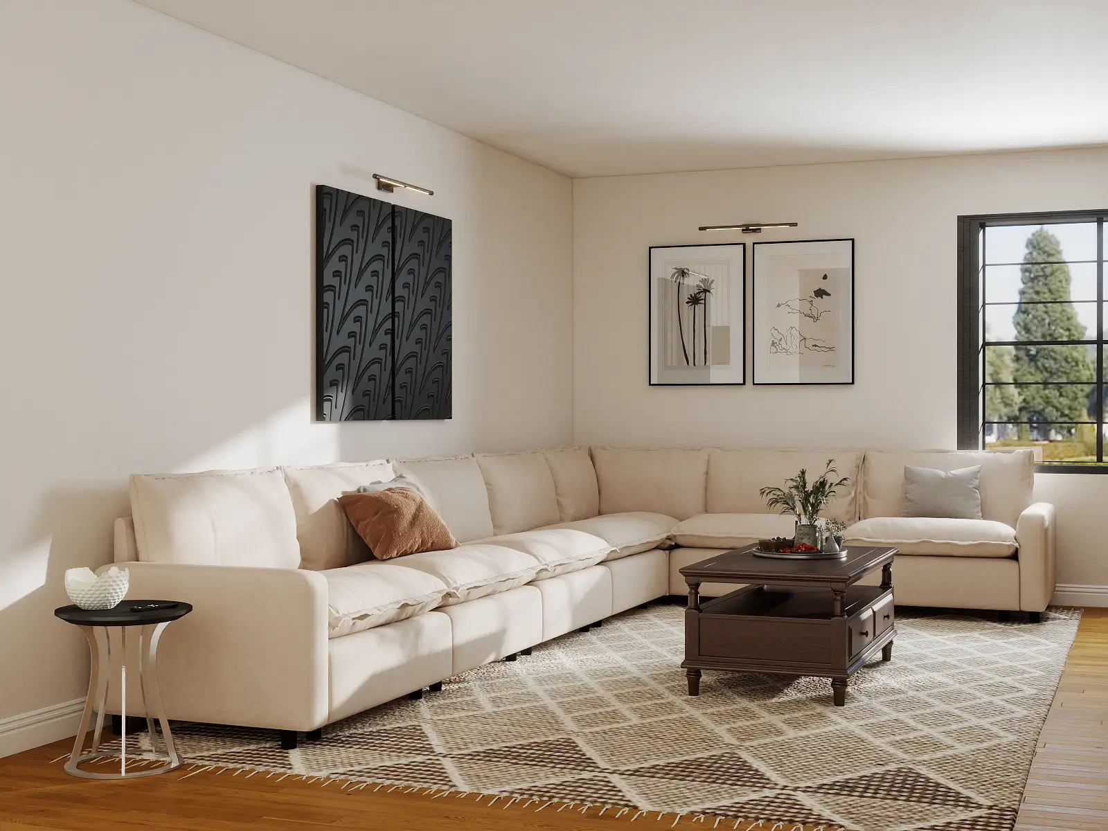 Modular Cero Modular Sectional Furniture | 7-Piece Beige Linen Large Space V-Shaped Sectionals 7-Seater