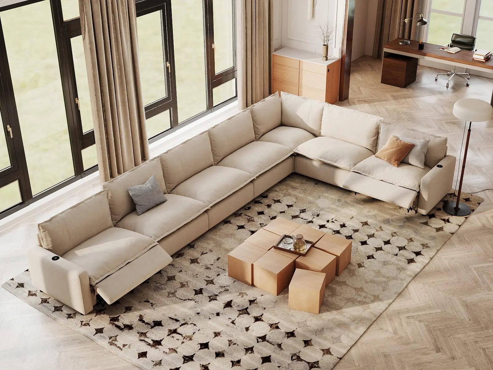 Modular Cero Recliner Sectional Couch | 7-Piece Beige Linen Large Space V-Shaped Sectionals 7-Seater