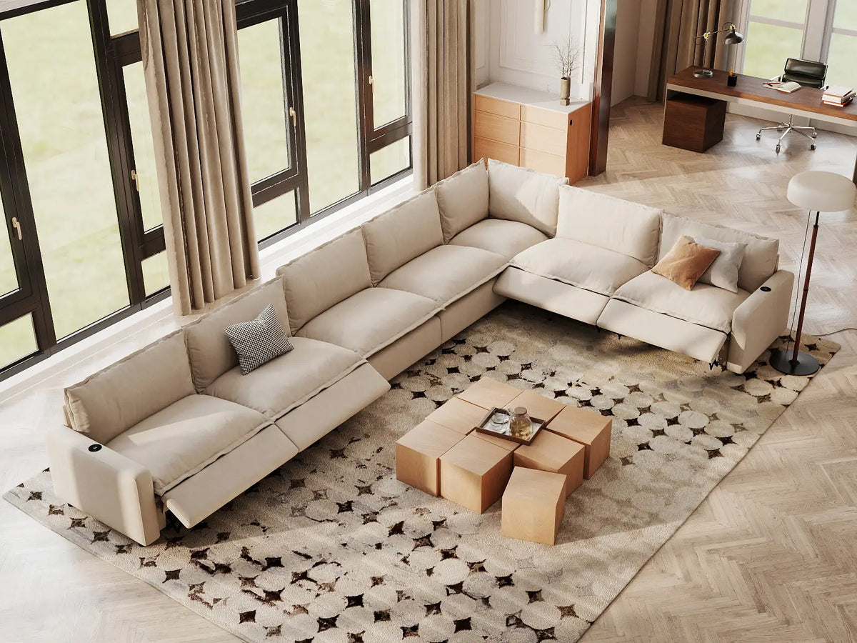 Modular Cero Reclining Sectionals | 7-Piece Beige Linen Large Space V-Shaped Sectionals 7-Seater