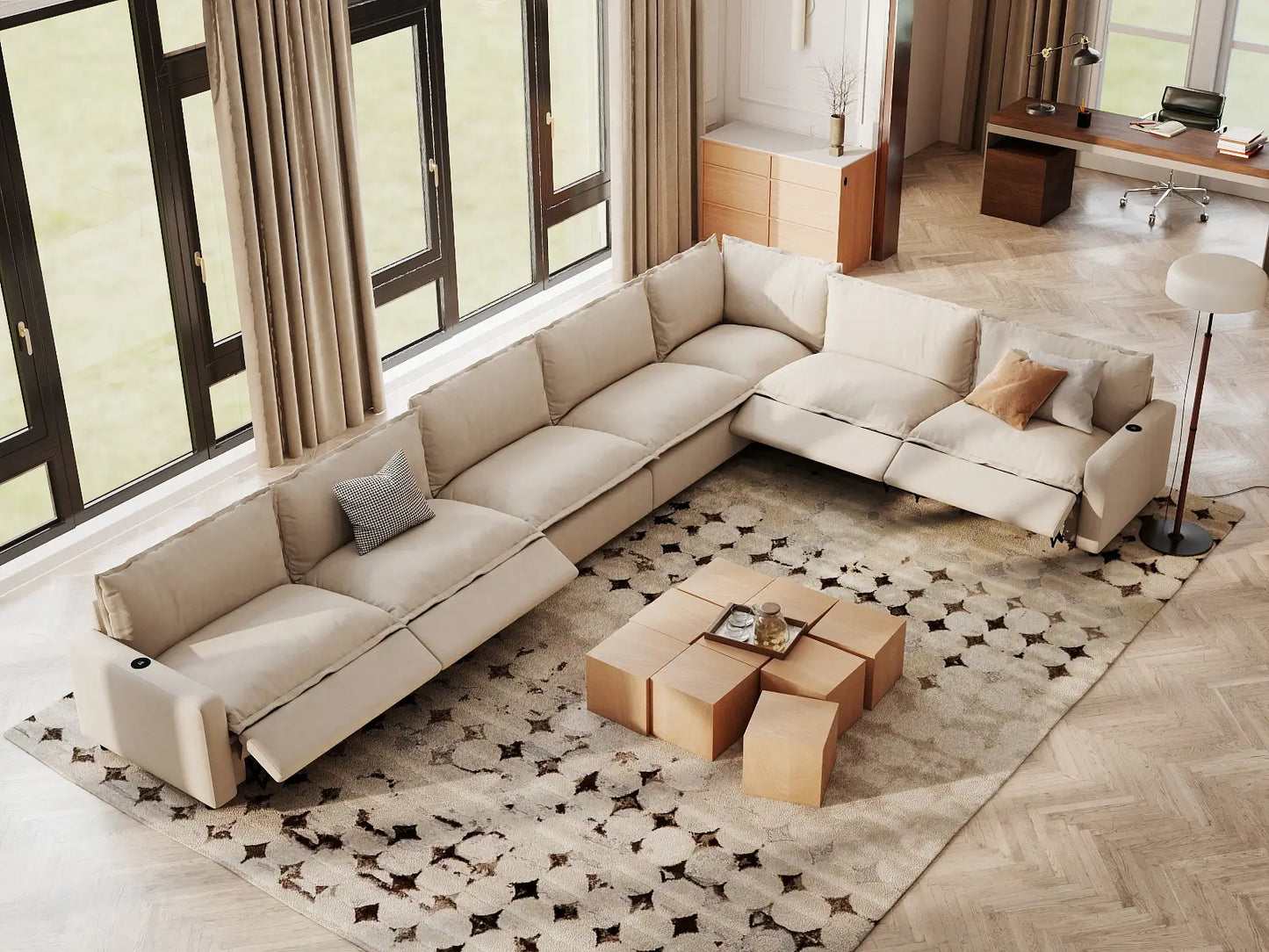 Modular Cero Reclining Sectionals | 7-Piece Beige Linen Large Space V-Shaped Sectionals 7-Seater