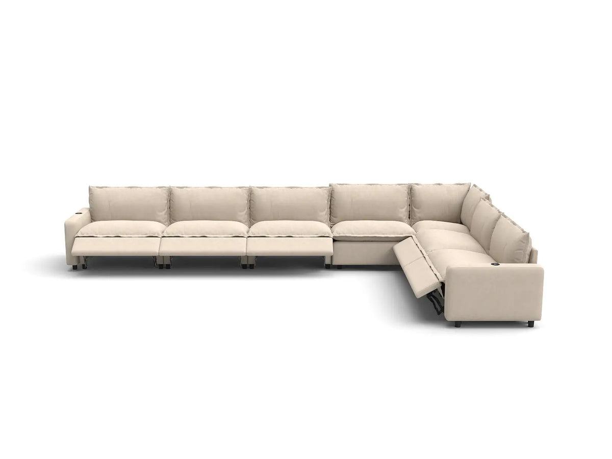 Modular Cero Reclining Sectionals | 7-Piece Beige Linen Large Space V-Shaped Sectionals 7-Seater
