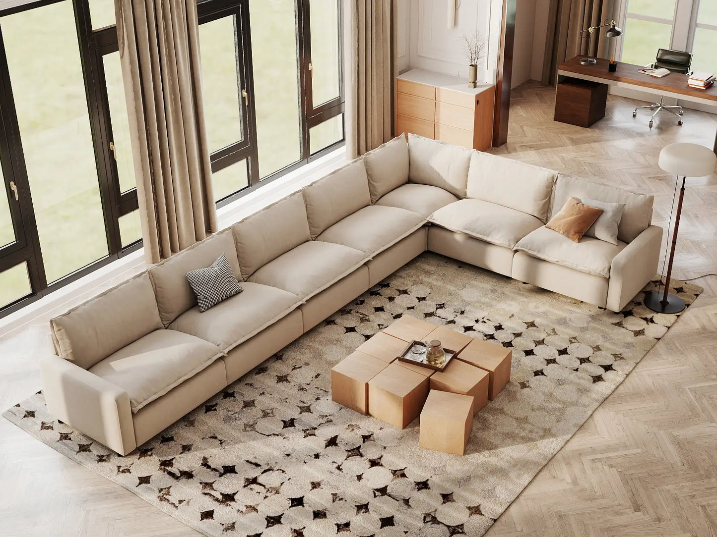 Modular Cero Modular Sectional Furniture | 7-Piece Beige Linen Large Space V-Shaped Sectionals 7-Seater