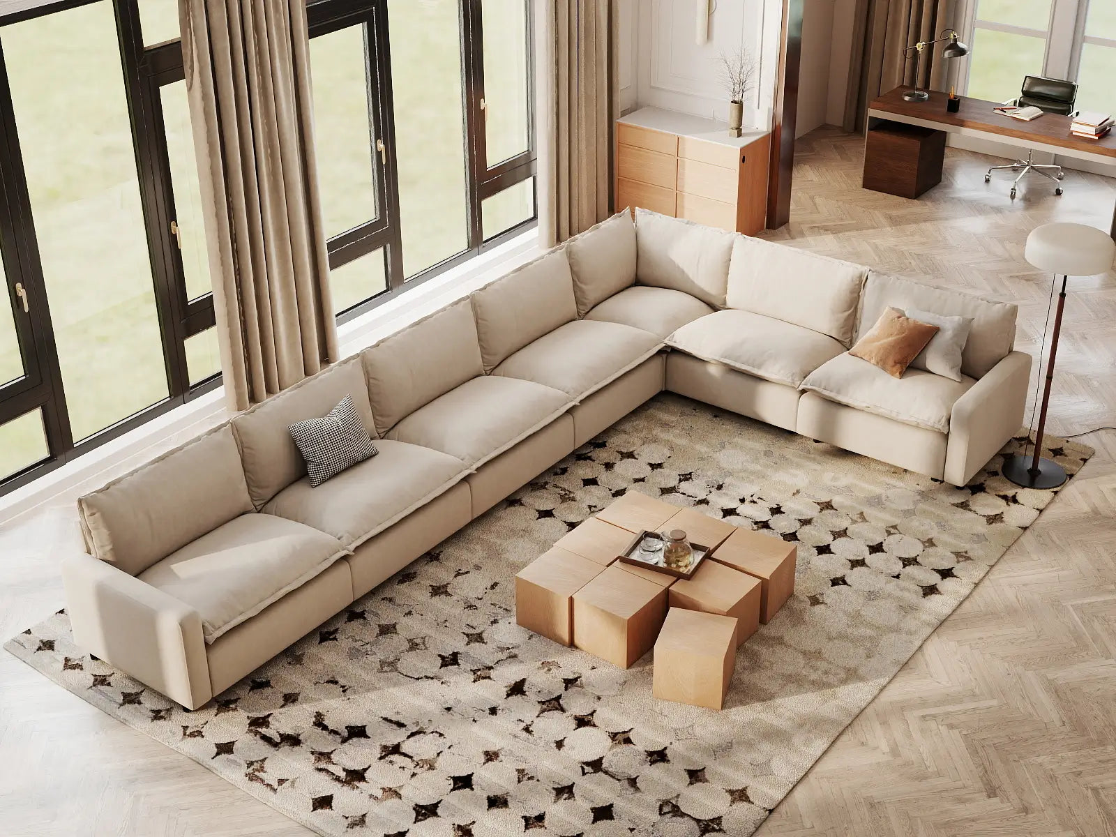 Modular Cero Modular Sectional Furniture | 7-Piece Beige Linen Large Space V-Shaped Sectionals 7-Seater