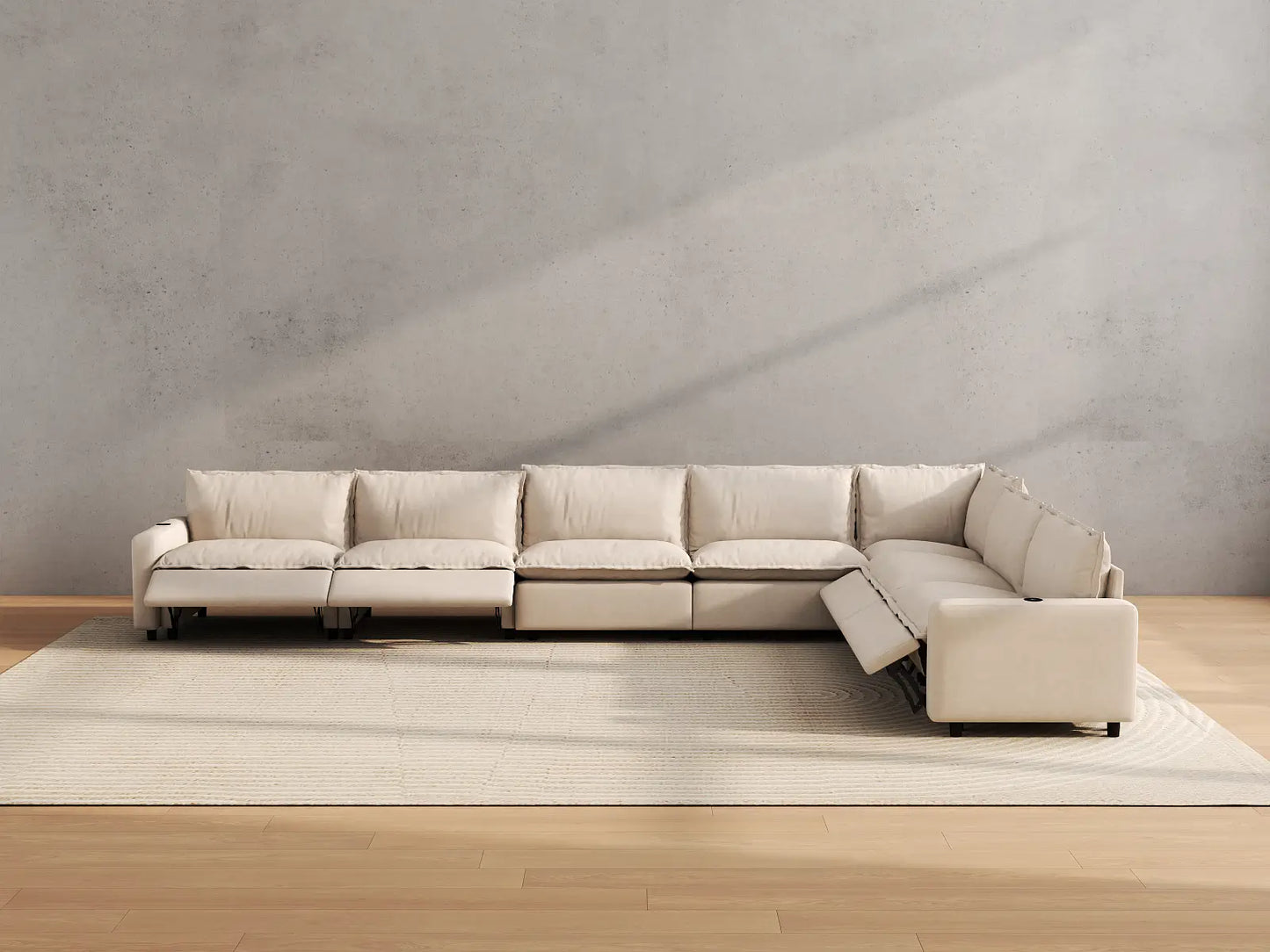 Modular Cero Reclining Sectionals | 7-Piece Beige Linen Large Space V-Shaped Sectionals 7-Seater
